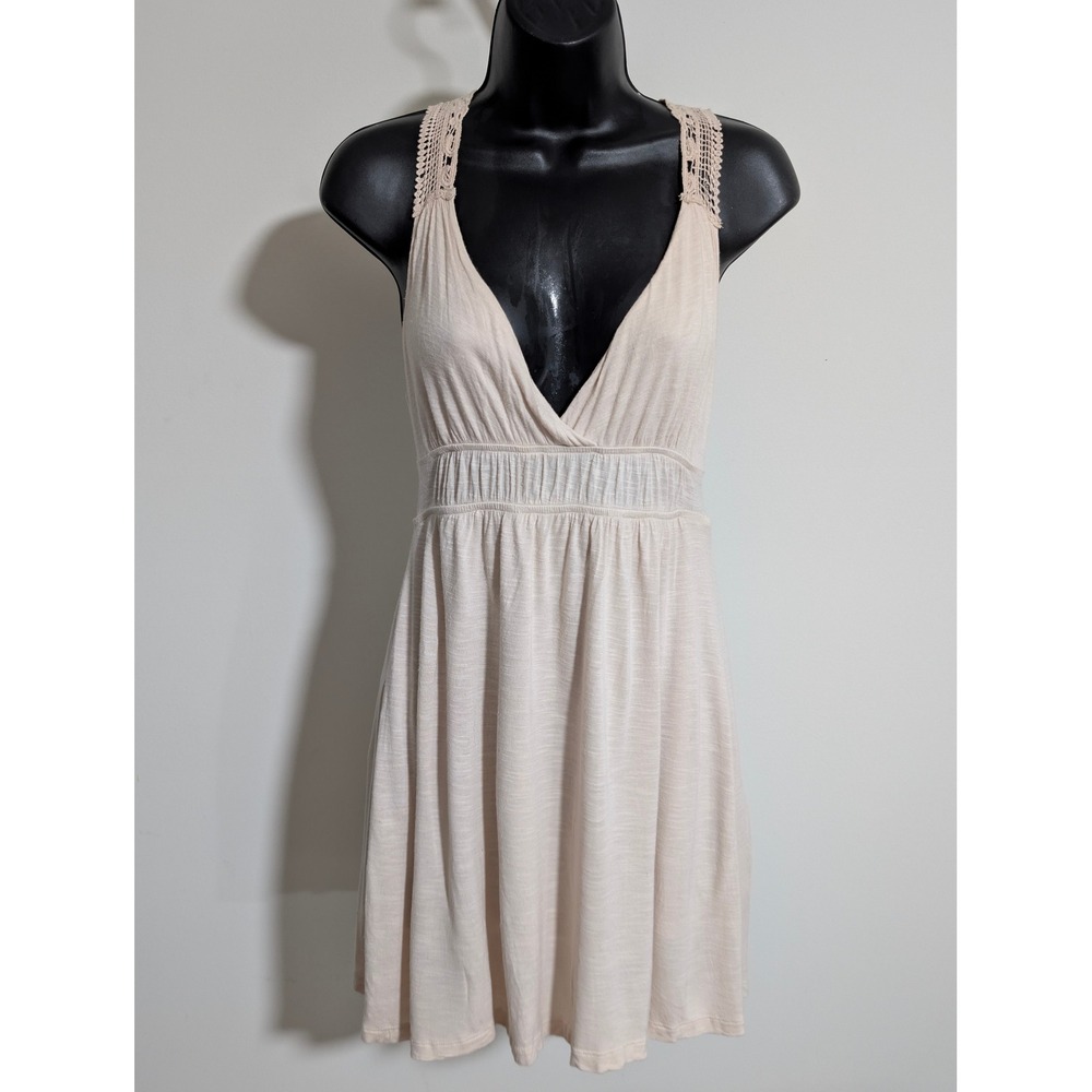 Vanity Mini Dress Crochet Back Plunge V Neck Sleeveless Beige Boho Small